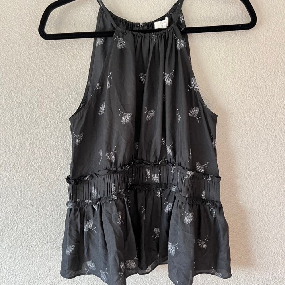 Joie Shawnette Silk Crepe Ruched Ruffle Keyhole Sleeveless High Neck Blouse Sml